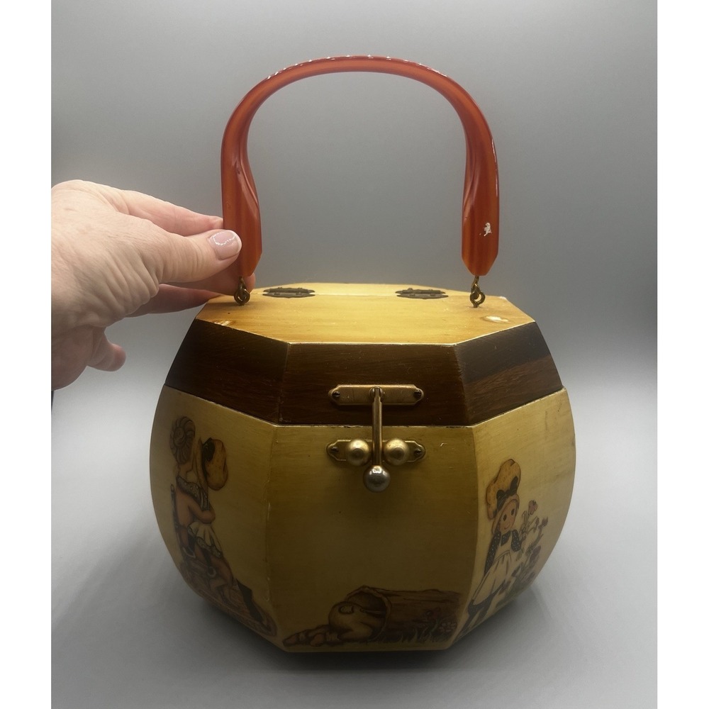 Vtg Octagonal Wooden Bucket Box Purse Lucite Handle Holly Hobbies 1974 Few Flaws